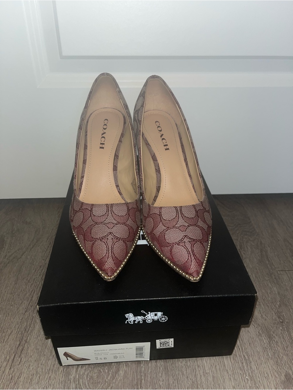Coach Burgundy Signature Pointed Toe Pumps with Gold Stud Trim